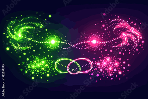 Vector illustration of quantum entanglement visualized with glowing dotted particles in neon green and pink, representing subatomic physics, energy connections, and abstract science concepts.