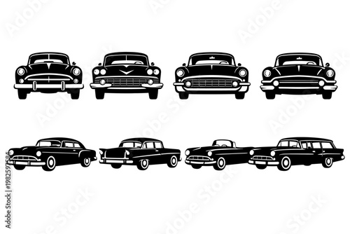 Set of Vintage 1950s Classic Car Silhouettes Vector Illustration Featuring Retro American Automobiles in Front and Side Views Including Sedan Convertible and Station Wagon Icons for Design