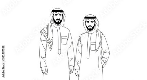 Two Arab men in traditional attire, standing together, looking forward.