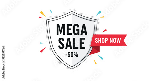 Mega Sale fifty percent discount message on a white shield icon with a red ribbon for retail store promotion and advertising campaign.