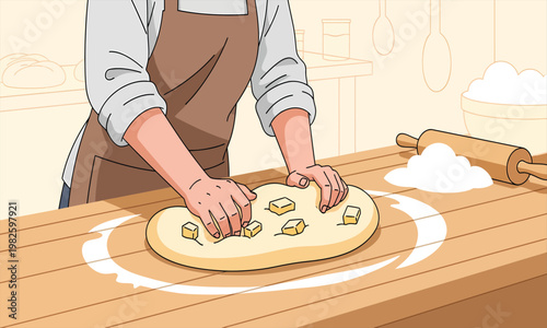 Hands kneading dough mixed with butter cubes on a floured wooden surface