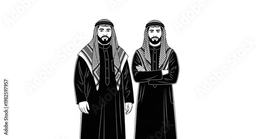 Two Arab men in traditional attire standing side by side in a monochrome image.