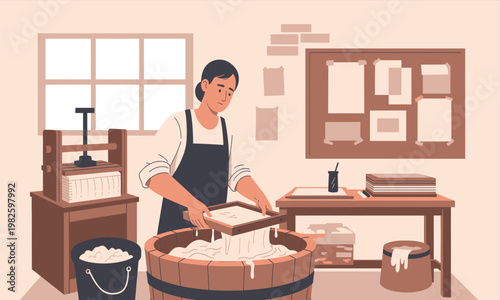 A craftsperson making handmade paper in a workshop