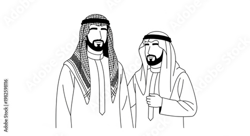Two Arab men in traditional attire, standing side by side, looking forward.