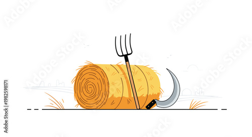 Traditional farm tools including a hay bale, pitchfork, and sickle illustrated on a clean white background for agricultural concepts.