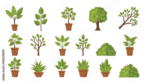 A diverse set of stylized green plants featuring potted foliage, a tree, and lush garden bushes, ideal for horticultural themes, nature decor, and ecological project applications.