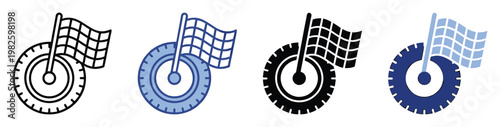 Dynamic racing flag and tire icon symbolizing speed and competition ideal for automotive event marketing vehicle workshop branding or exciting sports game interface graphics