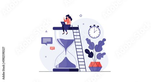 Young woman working on her laptop while sitting on top of a giant hourglass, representing time management and productivity concepts.