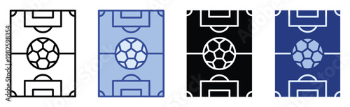 Versatile soccer field icon with a football in diverse styles, perfect for sports application interfaces, game development, athletic event graphics, and engaging digital content creation.