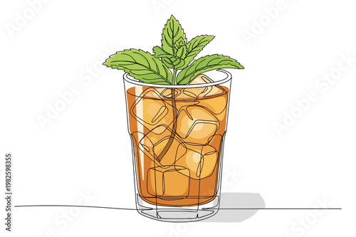 Continuous line drawing of a refreshing iced tea with mint leaves and ice cubes in a tall glass, perfect for beverage menus, summer drink promotions, and healthy lifestyle content.