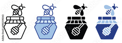 Honey bee flying above a jar of natural sweet honey with a dipper inside perfect for organic food product labels and healthy eating advertisements