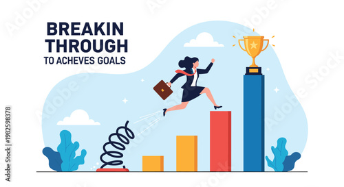 Determined business woman leaping over a metal spring to reach a gold trophy on top of a rising bar chart, symbolizing goal achievement.