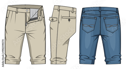 Apparel flat sketch of casual summer shorts in beige and blue denim presented in front side and back views for fashion design and product display