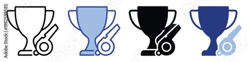 Versatile trophy and whistle icon collection representing sports achievements and coaching tools perfect for game applications and victory recognition graphics