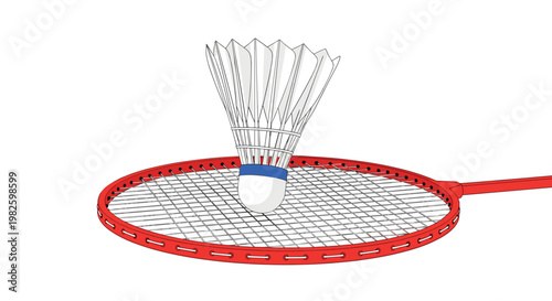Professional red badminton racket and a white shuttlecock isolated on a white background for sports and recreational activities.