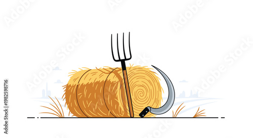 Large round hay bale with farm tools like a pitchfork and sickle, representing harvest time and traditional agricultural work.