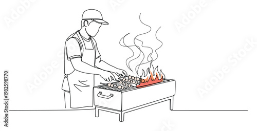 A continuous line drawing of a person in a cap and apron grilling meat skewers over a charcoal barbecue with flames and smoke, ideal for restaurant menus, cooking blogs, or outdoor summer