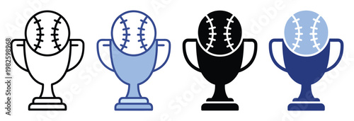 Baseball trophy icon set featuring championship award symbols with various styles for sports event recognition and winner celebration designs