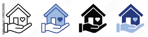 Hand holding a house with a heart symbol, representing home care, charity, and community support, ideal for real estate, social responsibility, and housing initiatives icons.