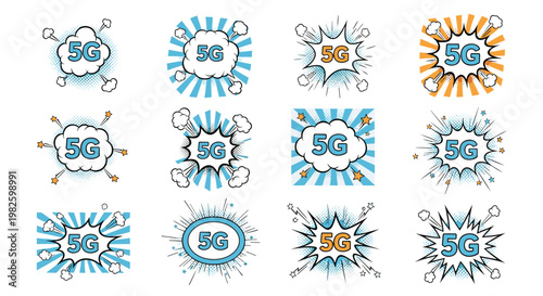 Collection of twelve 5G connectivity comic bubbles with explosive sunburst backgrounds, ideal for marketing high speed mobile tech.