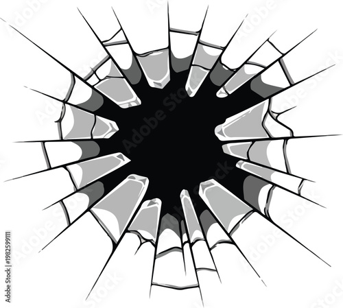 Shattered Glass Effect Illustration of a Hole in a Broken Surface with Radial Cracks