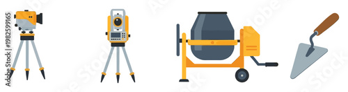 Comprehensive collection of essential construction site equipment and surveying tools including a total station, automatic level, concrete mixer, and masonry trowel for building industry