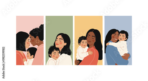 Four diverse women in colorful headscarves sitting together in a row, smiling woman headscarf pink green