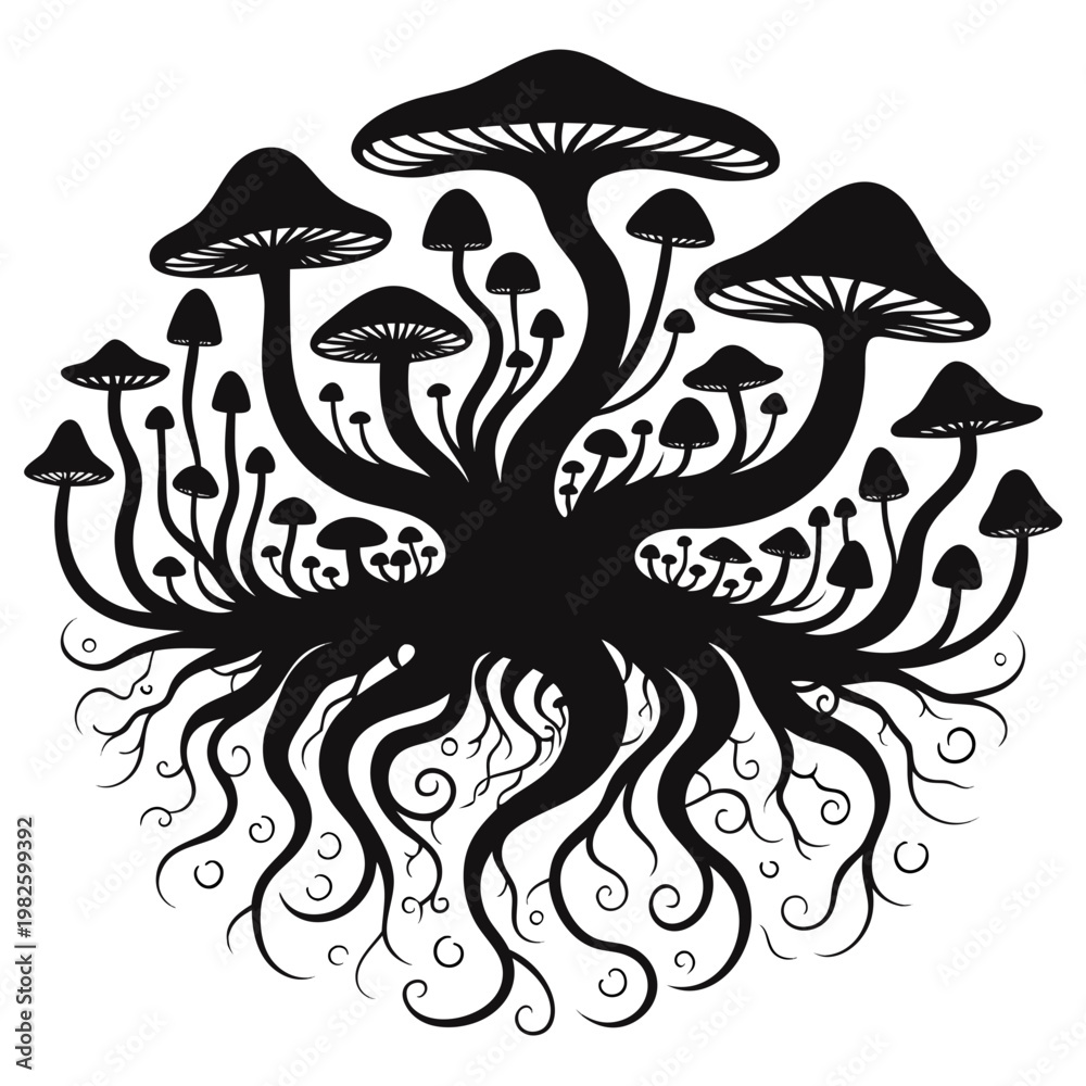 Fototapeta premium Black mushroom, fungi, illustration, vector, root system, mycelium, organic, decorative