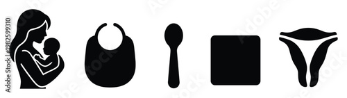 Mother and baby essentials with bib spoon and potty training items representing childcare and infant product needs for parenting websites and family resources