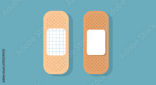 Two medical adhesive bandages in different skin tones with white gauze pads on a solid blue background for health and first aid topics.