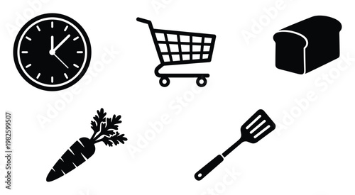 Collection of essential household and kitchen items, featuring a clock, shopping cart, loaf of bread, fresh carrot, and cooking spatula, ideal for various graphic applications, web design,
