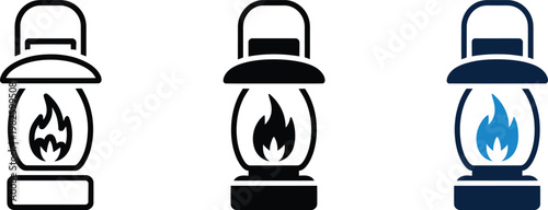 Camping lantern set with flame icons for outdoor lighting equipment adventure and hiking activities.