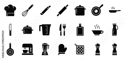 Modern kitchen and cooking essentials vector icons featuring utensils appliances and cookware for culinary themed projects applications or educational resources.