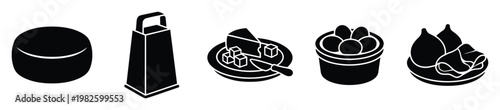 Collection of kitchen and food icons including cheese wheel, grater, cheese and knife, basket of eggs, and onions for culinary graphic resources and web applications