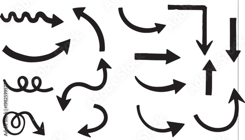 A versatile collection of black hand-drawn arrow icons featuring various styles, including wavy lines, spirals, sharp angles, and elegant curves.