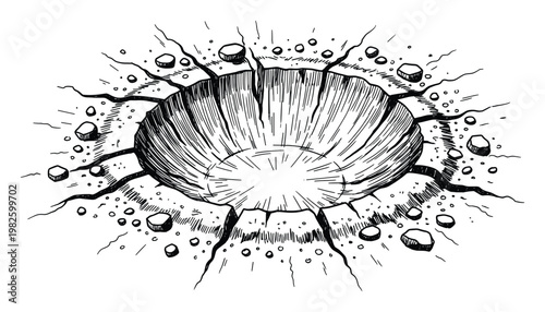 Detailed black and white drawing of a powerful impact crater showing cracked ground and scattered rocks, useful for symbolizing destruction, major events, or sudden damage in print and