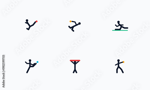 Hand-drawn collection of athletic stick figure silhouettes performing various sports movements including soccer kicks and penalties authentic illustration