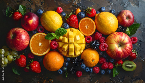 Fresh assortment of colorful fruits: apples oranges mango lemon kiwi strawberries raspberries blueberries on dark background
