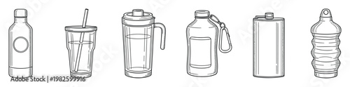 Versatile collection of various reusable drink containers and bottles, including tumblers, shakers, and flasks, perfect for illustrating sustainable hydration and healthy lifestyle concepts.