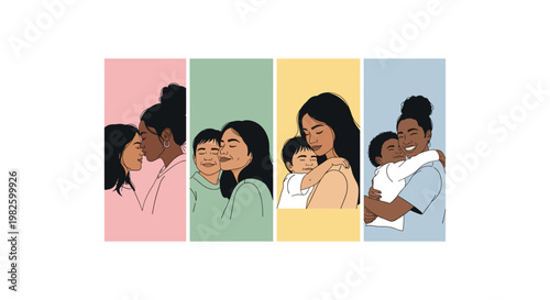 Four diverse professionals collaborating in a colorful, segmented office meeting collaboration teamwork