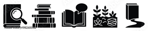 Diverse book and education glyphs symbolizing knowledge acquisition, academic research, intellectual exploration, and literary growth suitable for educational media and digital graphics