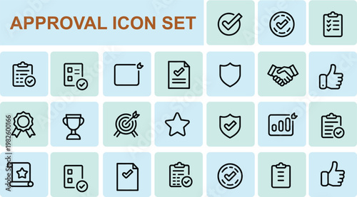 A comprehensive collection of line art approval icons representing various aspects of success and agreement