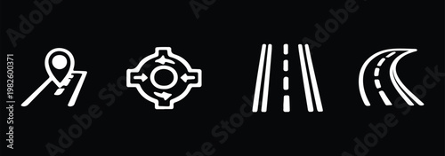 Road and highway icons set, curved and straight street elements collection