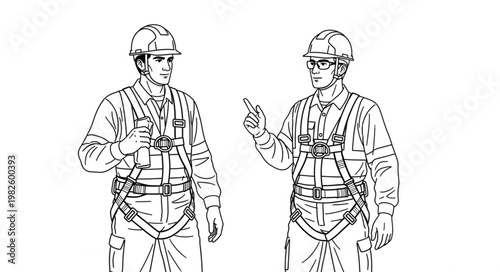 Two construction workers in safety harnesses discussing work.