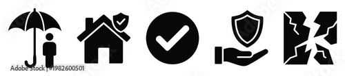 Essential safety and security icons depicting personal protection, home insurance, assured quality, reliable service, and risk assessment for informational graphics and digital presentations