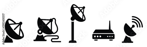 Various communication and networking technology icons, including satellite dishes and a router, useful for digital interfaces, mobile apps, web design, and technologyrelated infographics