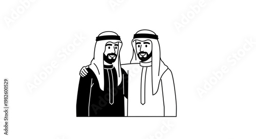 Two Emirati men in traditional attire, embracing each other, friendship concept.