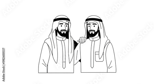 Two Emirati men in traditional attire, embracing each other with friendship.