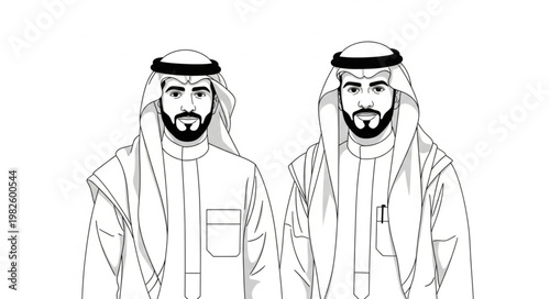 Two Emirati men in traditional attire, portrait view, black and white.