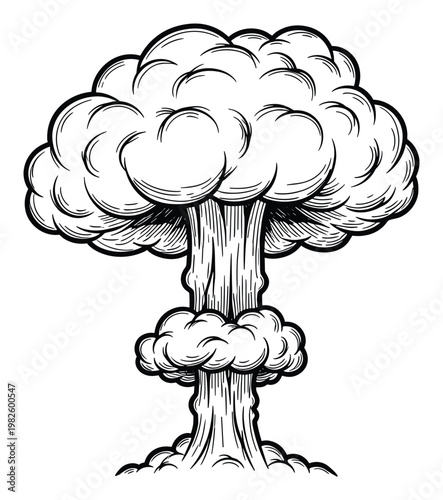 Black and white outline drawing of a powerful atomic bomb explosion creating a mushroom cloud for impactful visual statements on destruction and environmental concerns